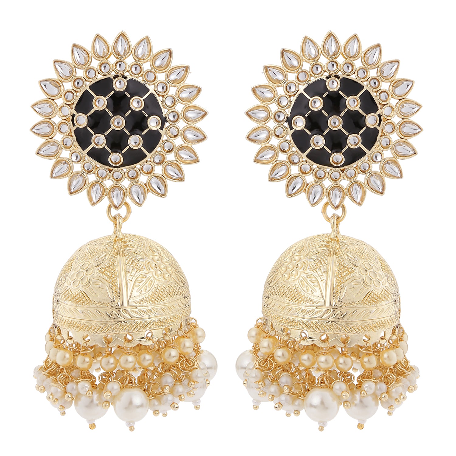 Meenakari Work Enamelled Floral Jumki Earrings with Kundan and Artificial Pearls