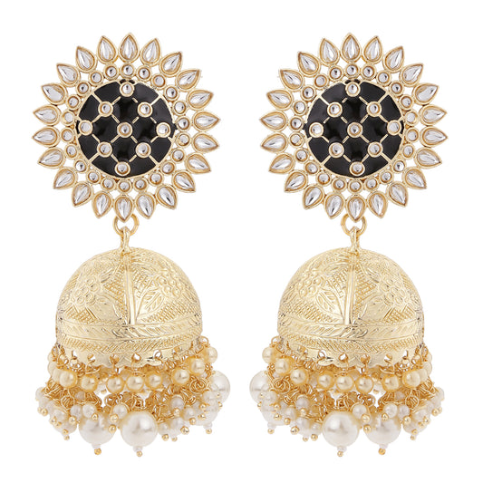 Meenakari Work Enamelled Floral Jumki Earrings with Kundan and Artificial Pearls