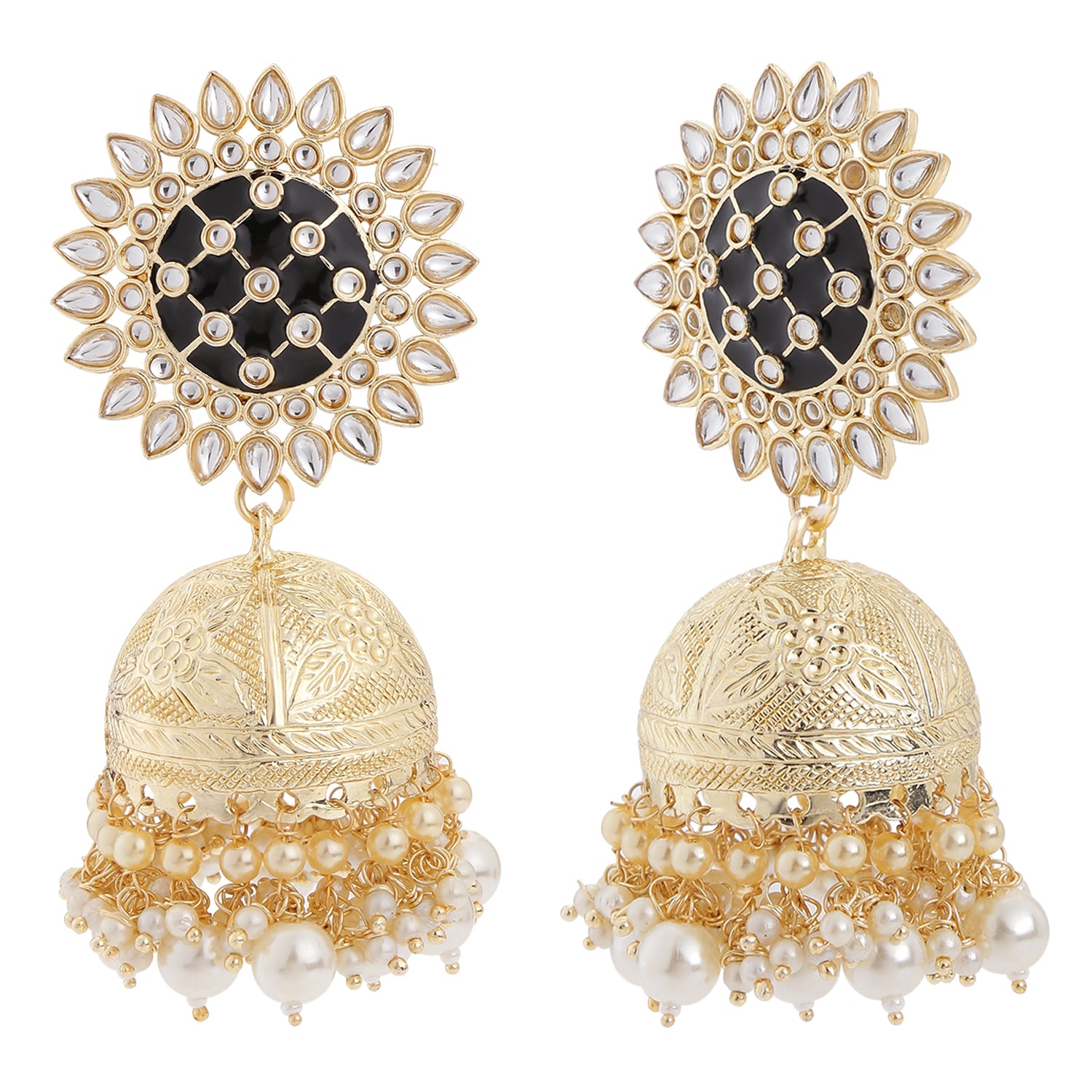 Meenakari Work Enamelled Floral Jumki Earrings with Kundan and Artificial Pearls