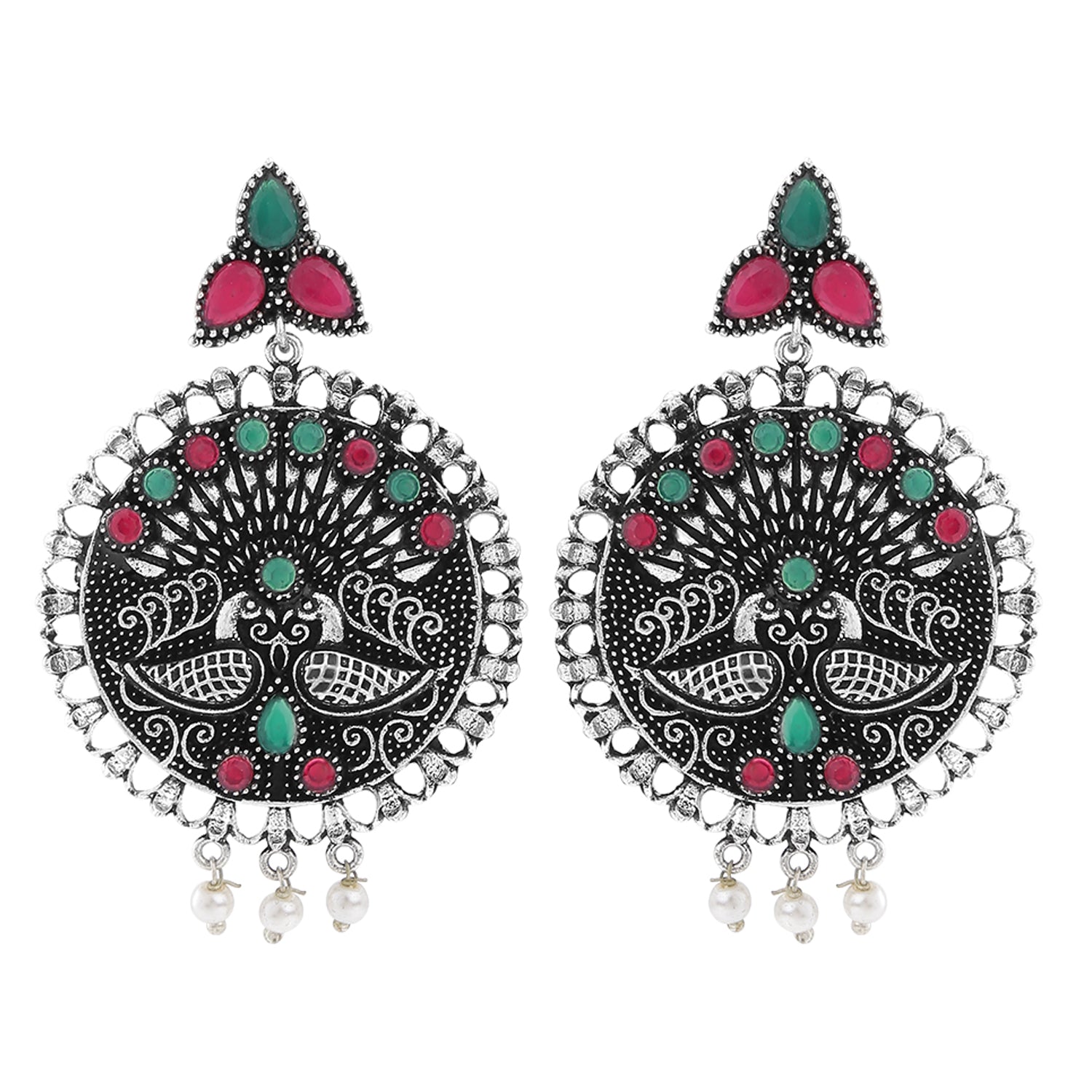 Oxidised Peacock Face Shaped Red and Green Kundan Dangler Earrings