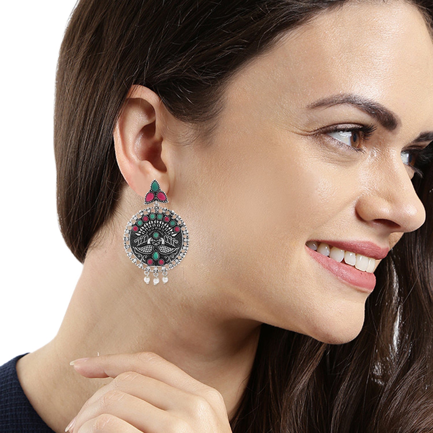 Oxidised Peacock Face Shaped Red and Green Kundan Dangler Earrings