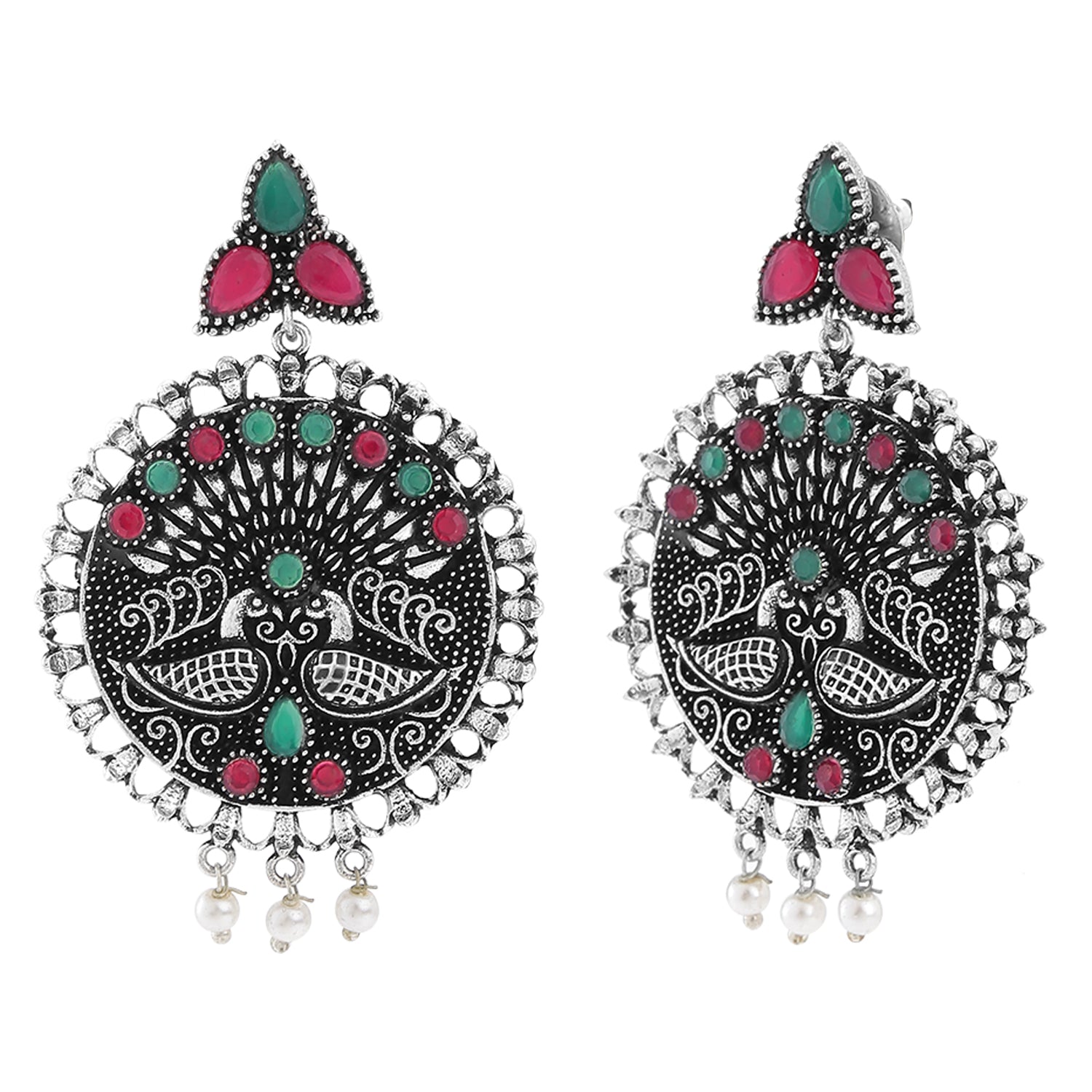 Oxidised Peacock Face Shaped Red and Green Kundan Dangler Earrings
