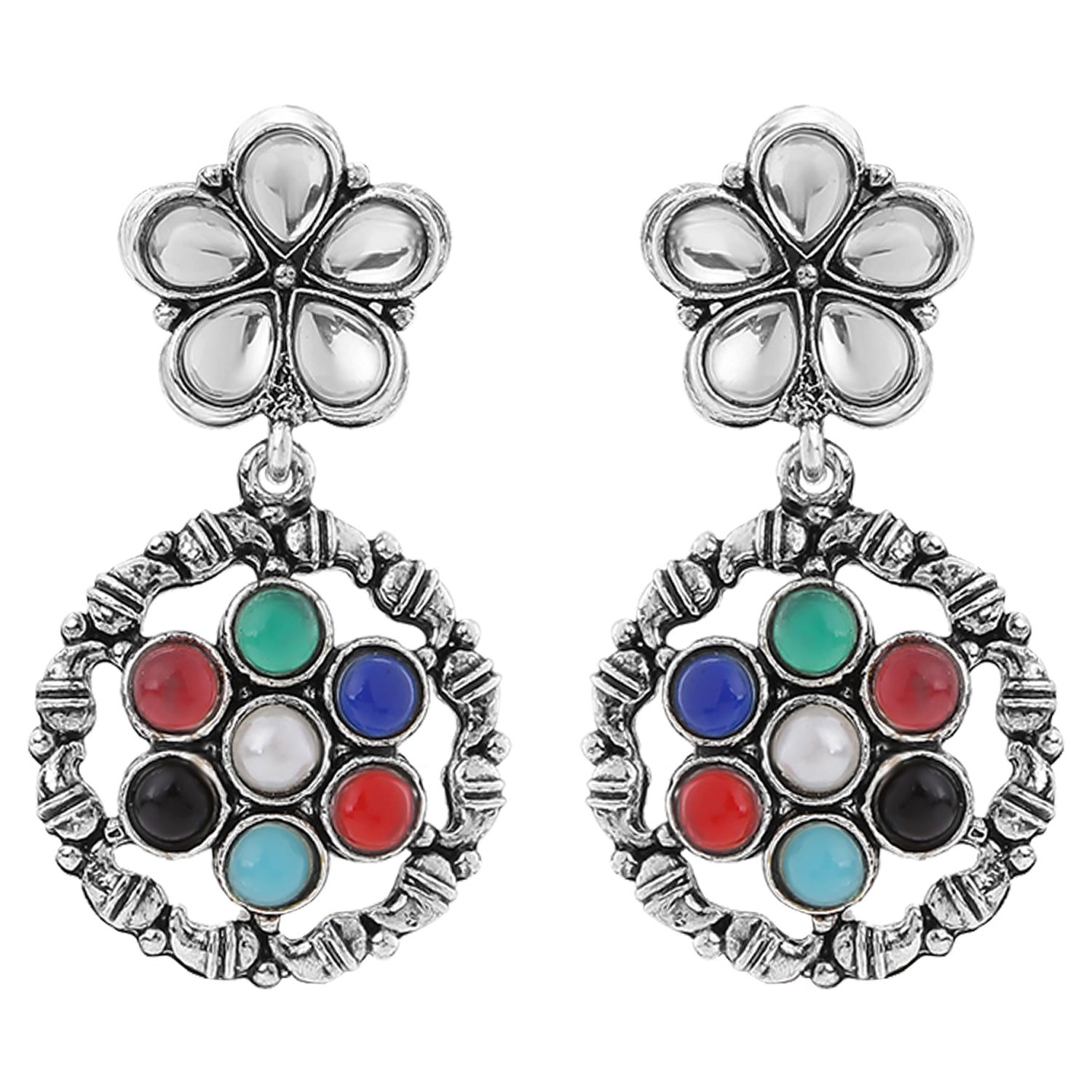 Oxidised Finish Multicolored Kundan Floral Dangler Earrings