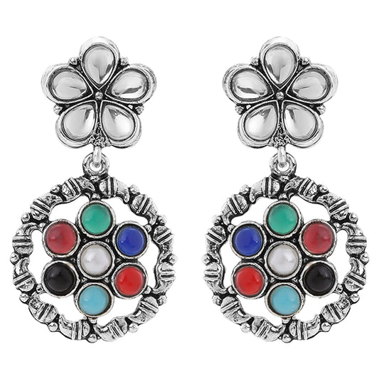 Oxidised Finish Multicolored Kundan Floral Dangler Earrings