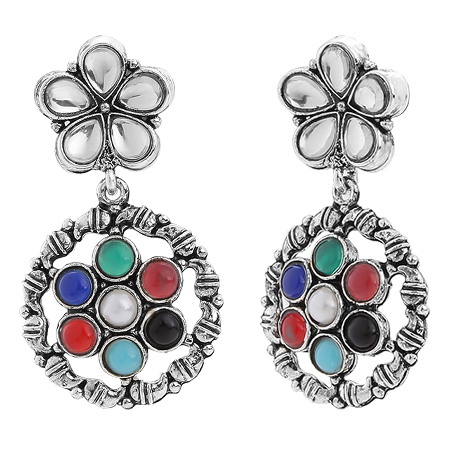 Oxidised Finish Multicolored Kundan Floral Dangler Earrings