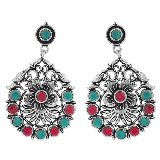Oxidised Finish Red and Green Kundan Floral Dangler Earrings