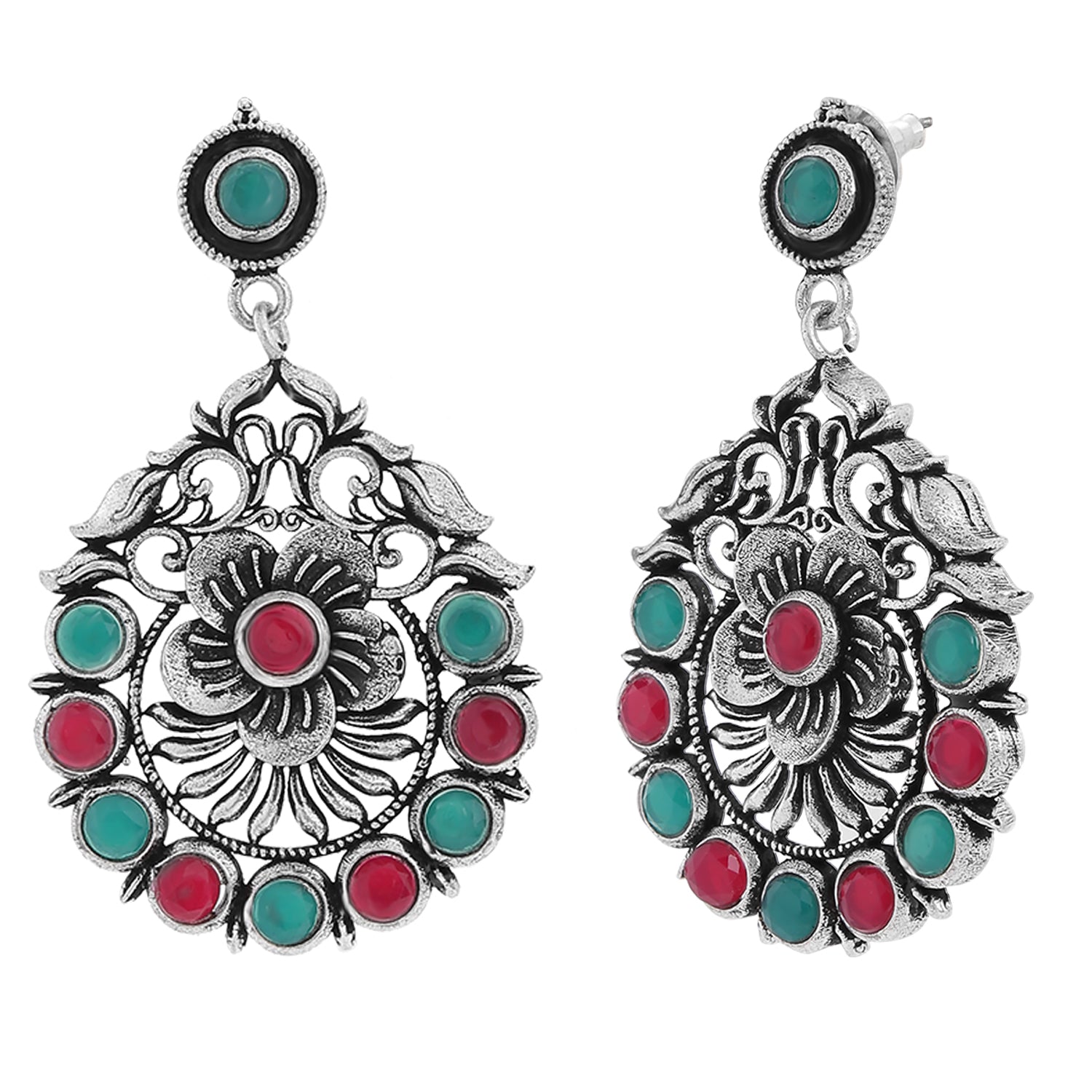 Oxidised Finish Red and Green Kundan Floral Dangler Earrings