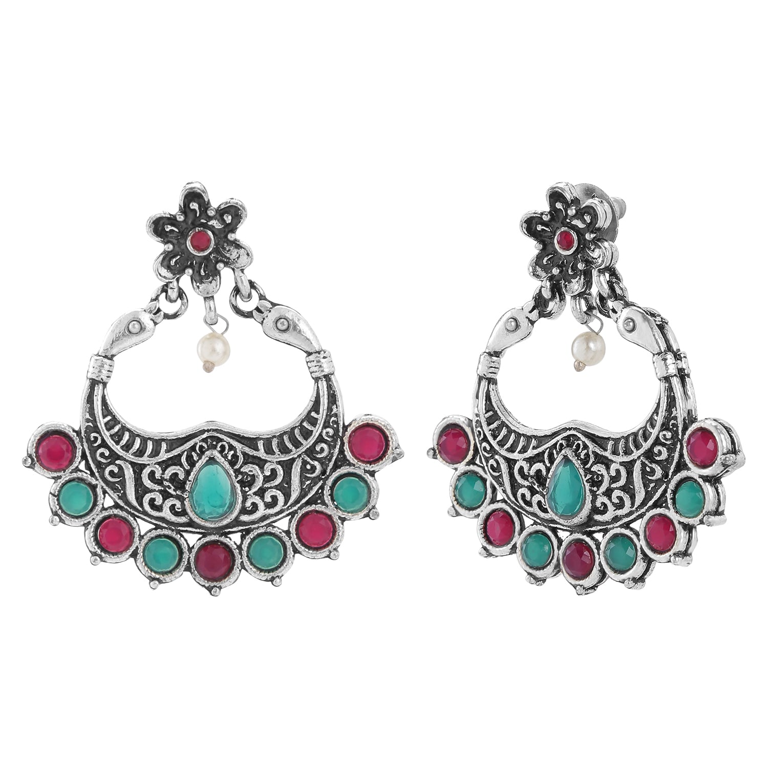 Oxidised Peacock Face Shaped Red and Green Kundan Floral Dangler Earrings
