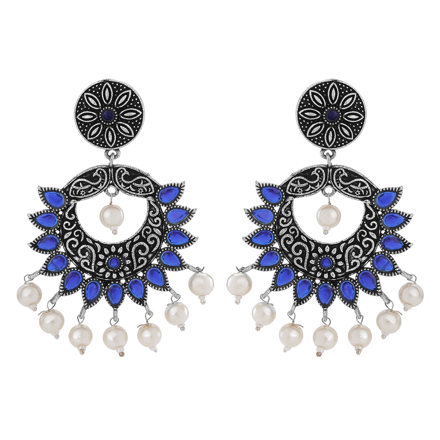 Oxidised Peacock Face Shaped Blue Kundan and Meena Work Dangler Earrings