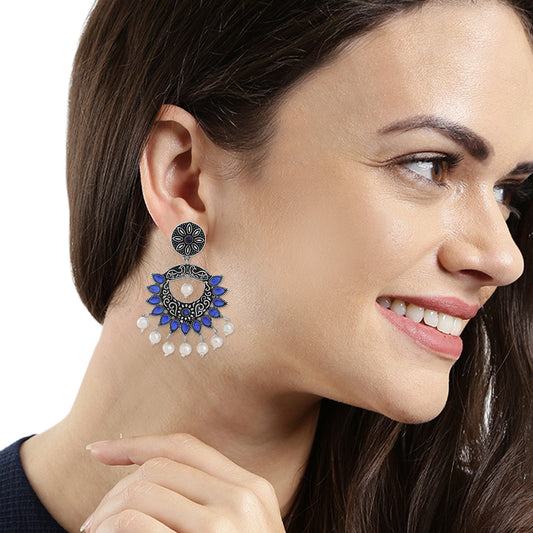 Oxidised Peacock Face Shaped Blue Kundan and Meena Work Dangler Earrings