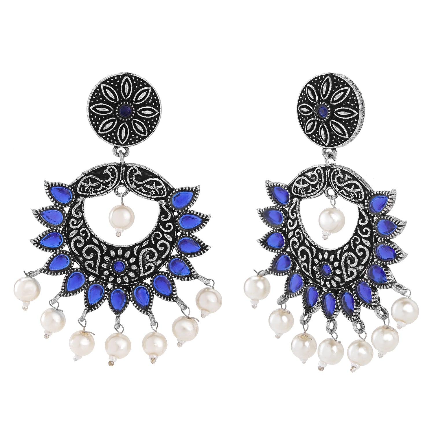 Oxidised Peacock Face Shaped Blue Kundan and Meena Work Dangler Earrings