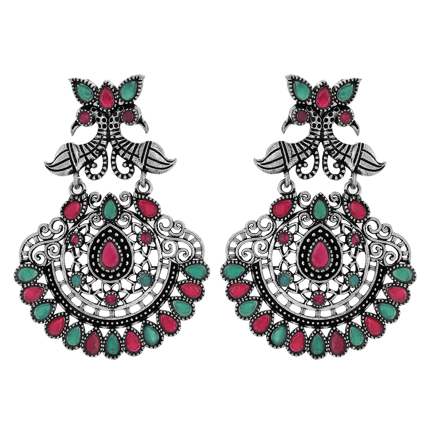 Oxidised Peacock Face Shaped Red and Green Kundan Dangler Earrings