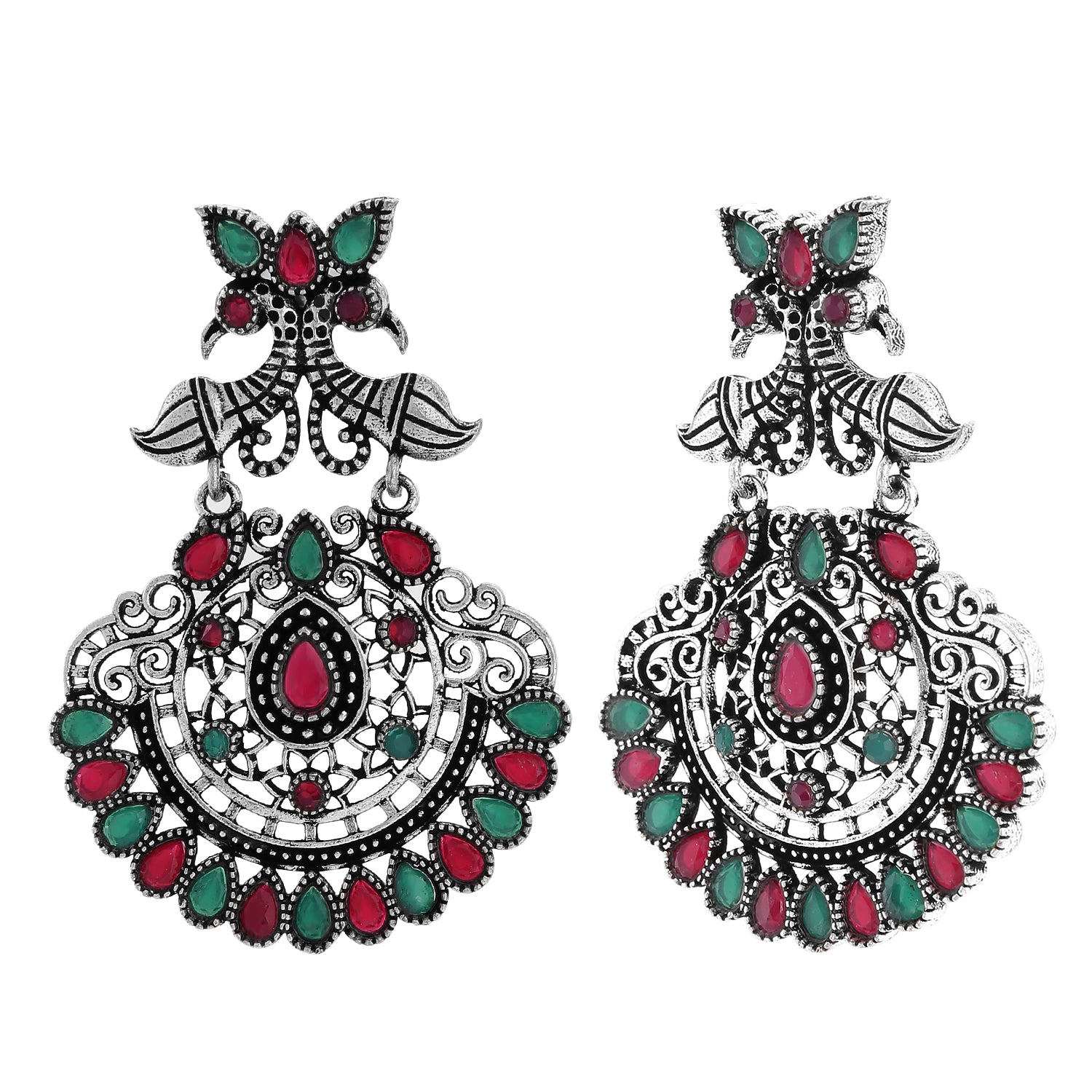 Oxidised Peacock Face Shaped Red and Green Kundan Dangler Earrings
