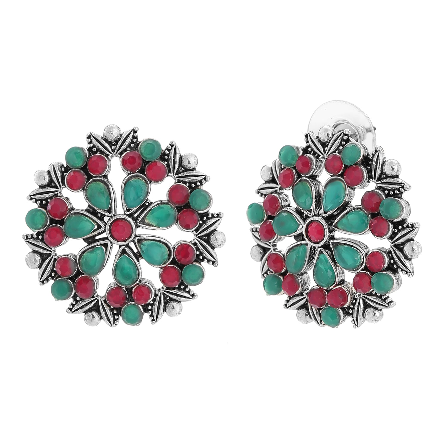 Oxidised Peacock Red and Green Kundan Floral Stud Earrings
