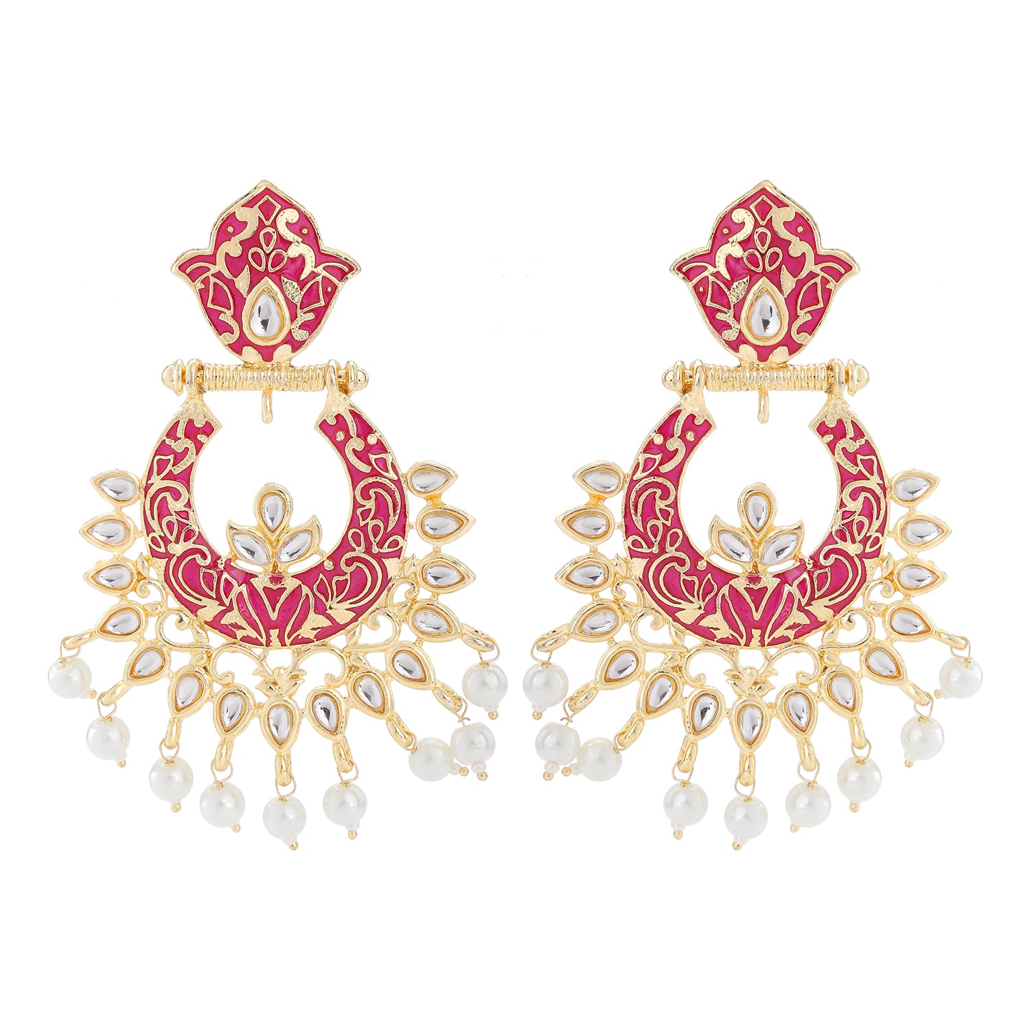 Gold Tone Pink Meenakari Work Chandbali Dangler Earrings