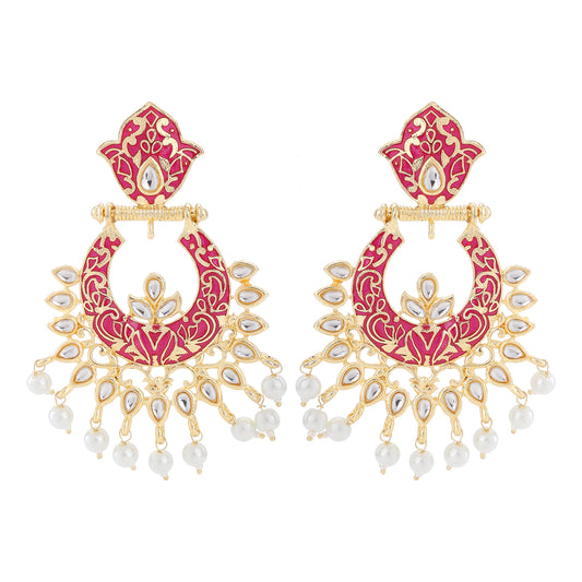 Gold Tone Pink Meenakari Work Chandbali Dangler Earrings