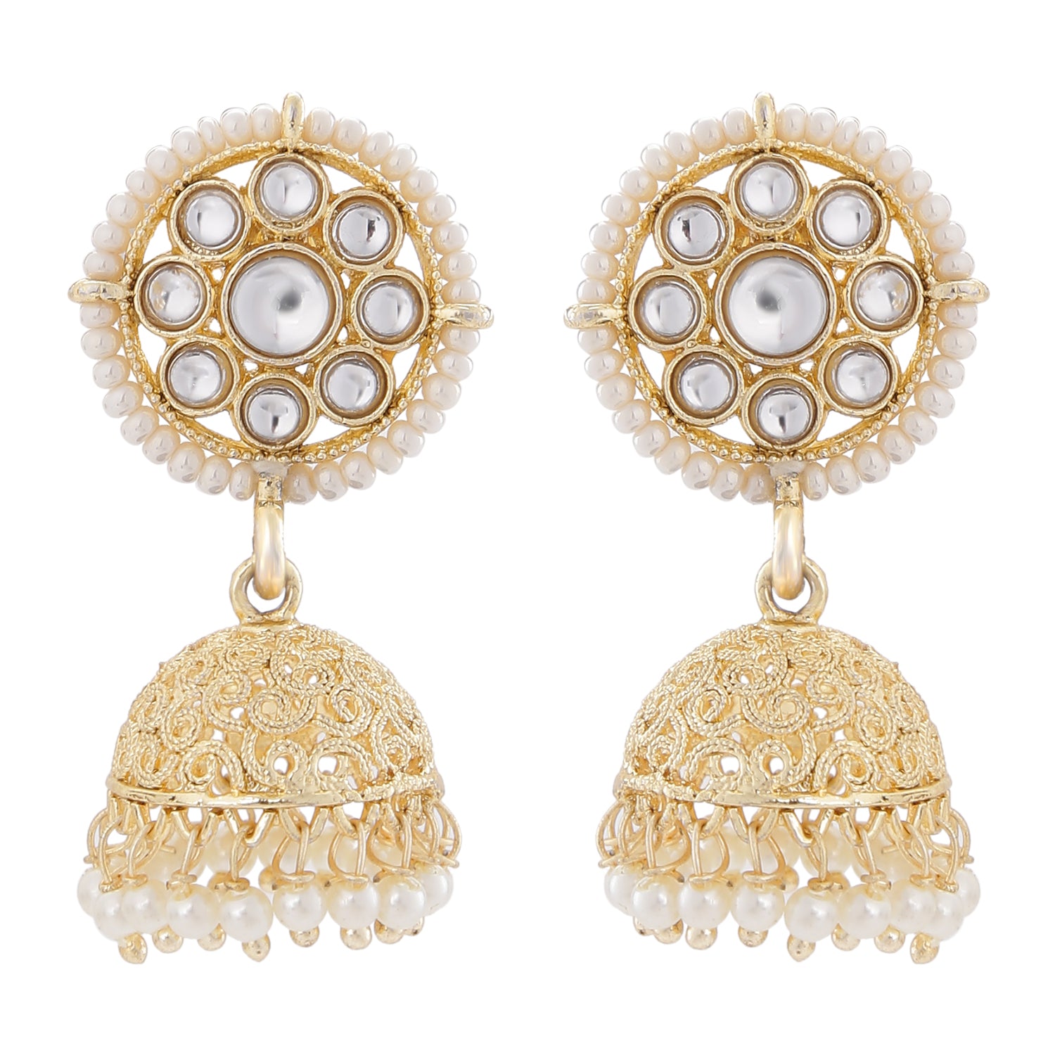 Gold Tone Kundan and Artificial Pearl Floral Jhumki Earring