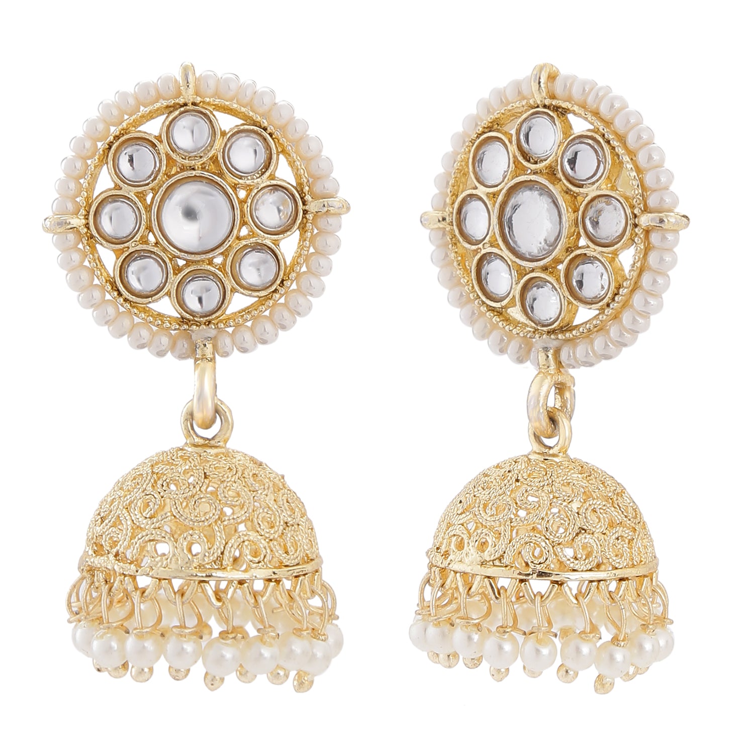 Gold Tone Kundan and Artificial Pearl Floral Jhumki Earring