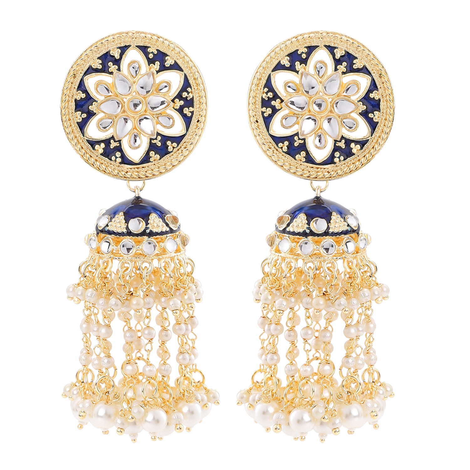 Blue Meenaraki Floral Tassel Jhumki Earrings with Kundan and Artificial Pearl