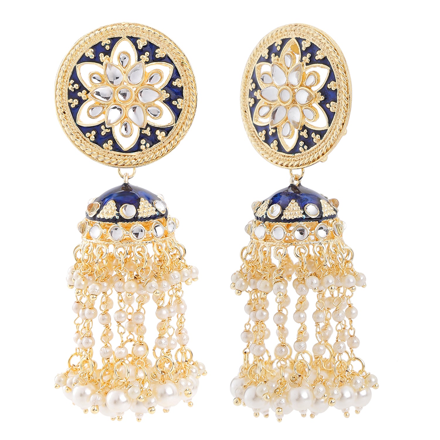 Blue Meenaraki Floral Tassel Jhumki Earrings with Kundan and Artificial Pearl