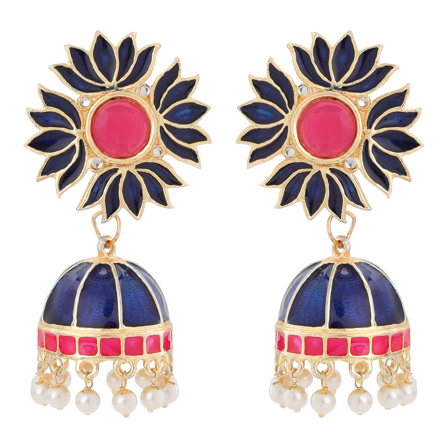 Blue and Pink Meena Work Lotus Flower Shaped Traditional Jhumki Earrings