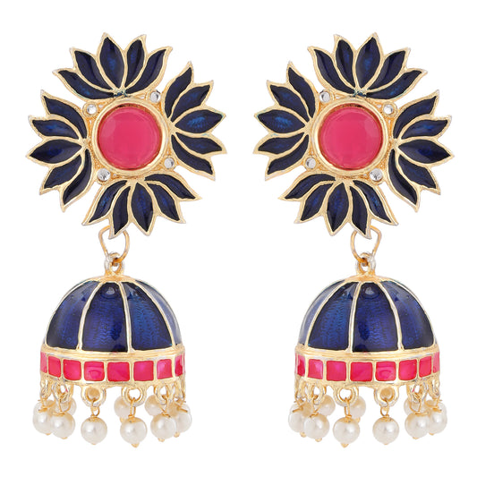 Blue and Pink Meena Work Lotus Flower Shaped Traditional Jhumki Earrings