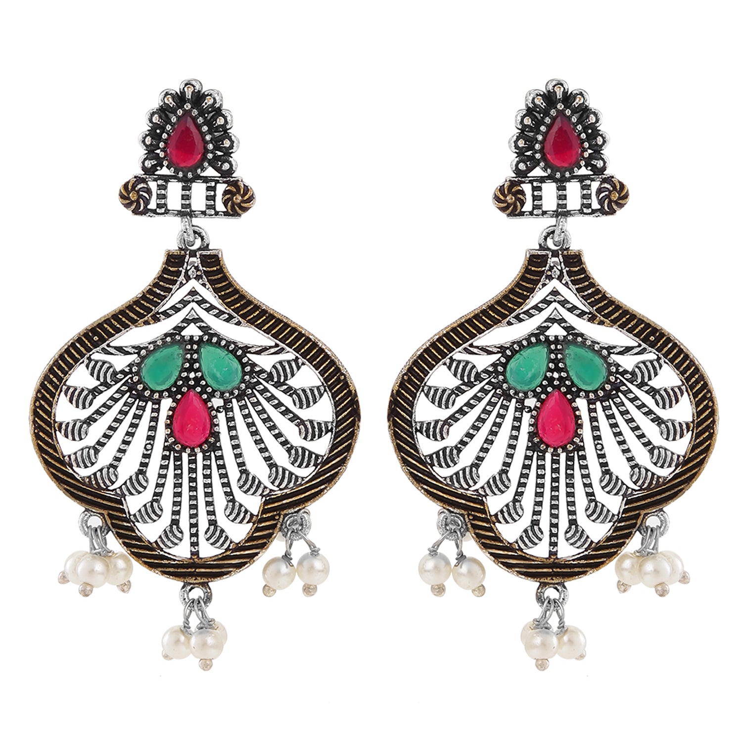 Oxidised Finish Red and Green Kundan Dangler Earrings