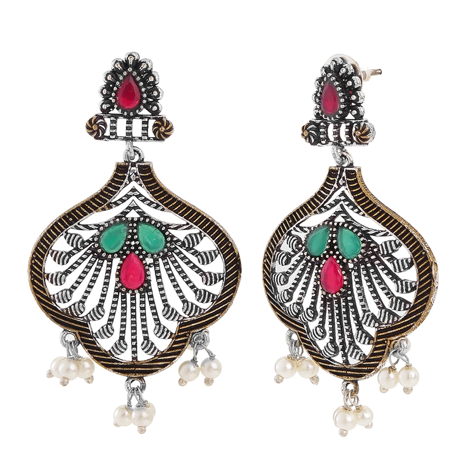 Oxidised Finish Red and Green Kundan Dangler Earrings