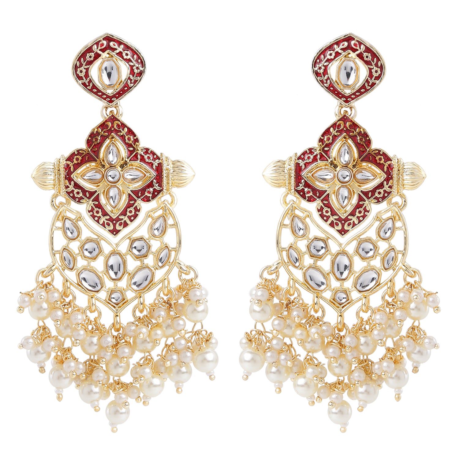 Red Meena Work Floral Dangler Earrings with Kundan and Artificial Pearls