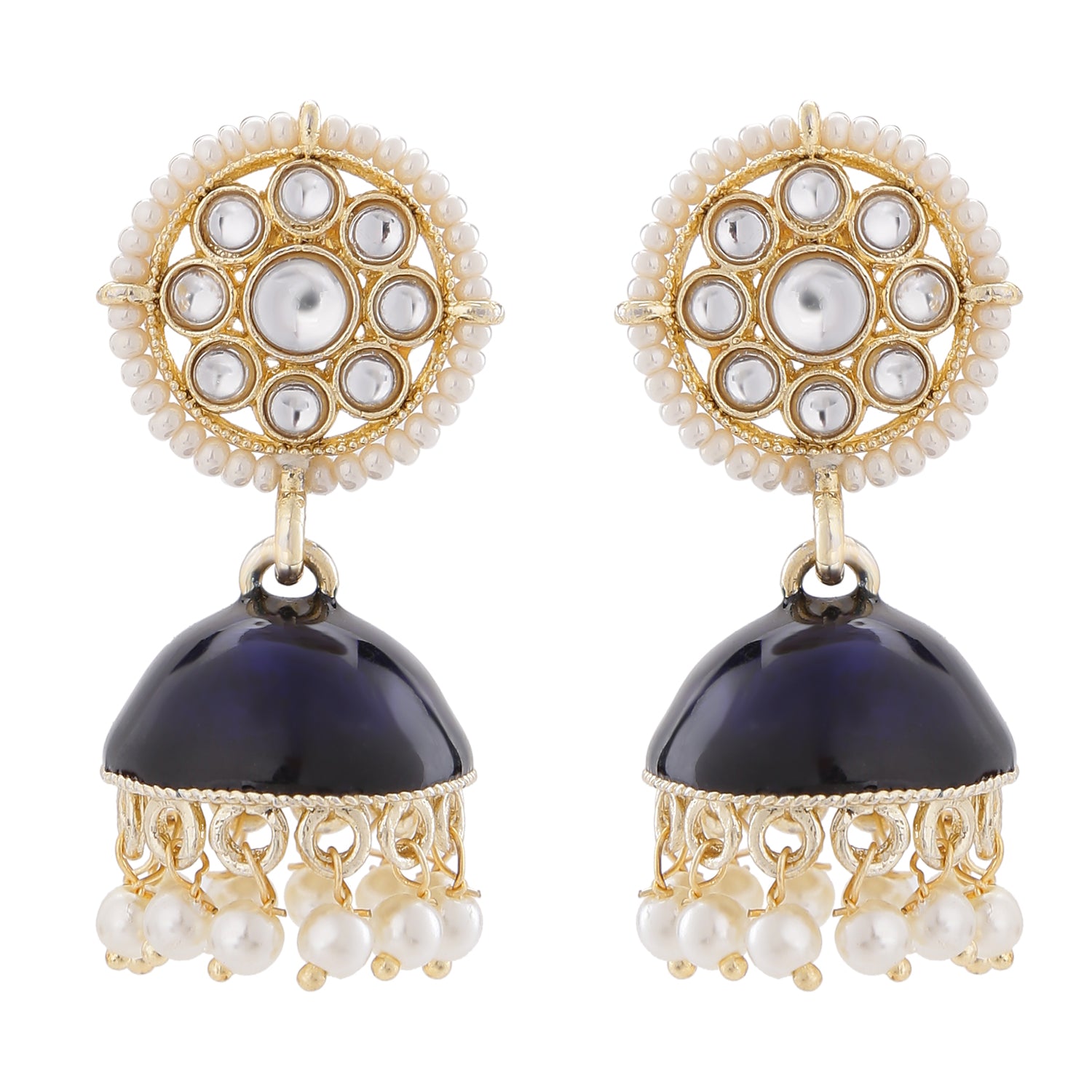 Blue Meena Work Jhumka Earrings with Kundan and Artificial Pearl