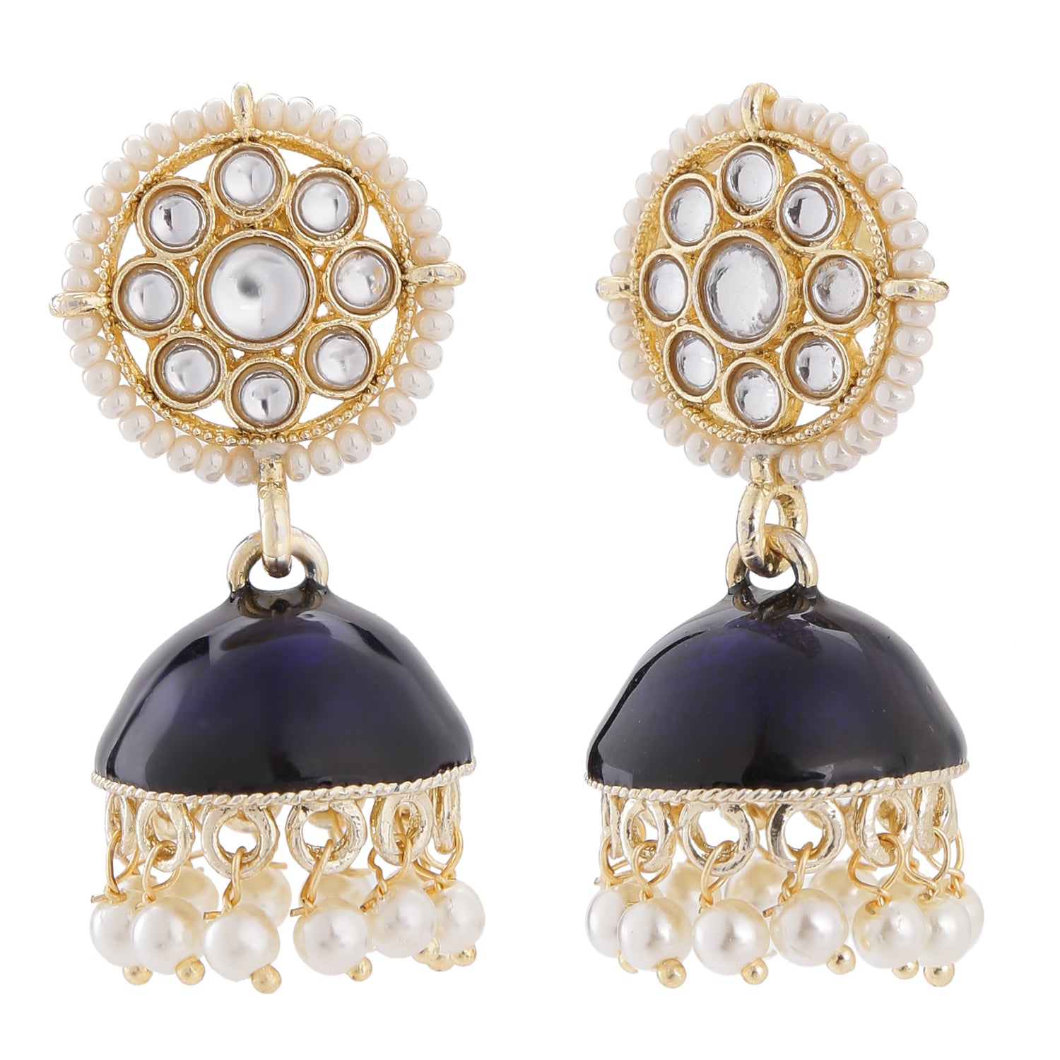 Blue Meena Work Jhumka Earrings with Kundan and Artificial Pearl