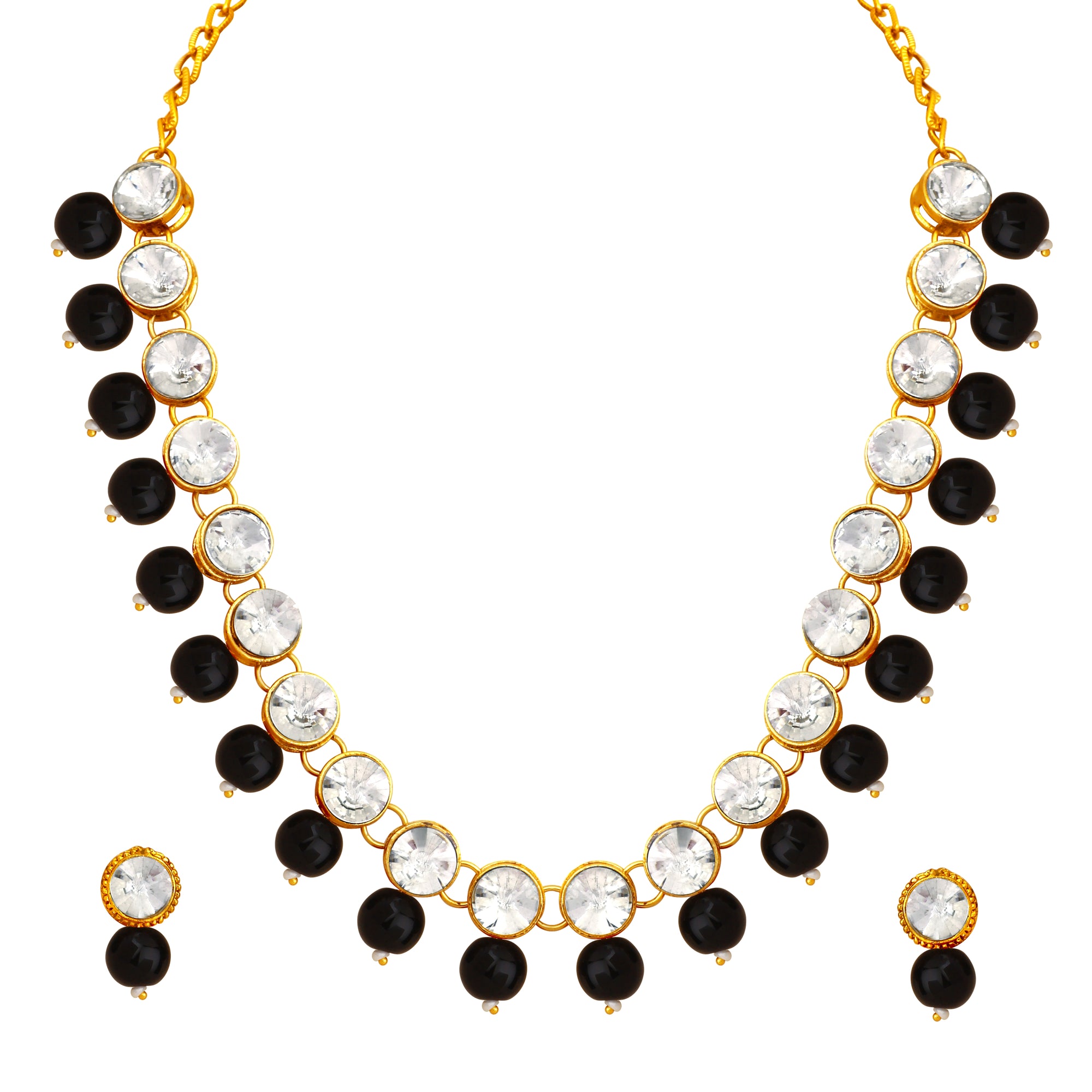 Black Beads and White Crystals Traditional Necklace Set
