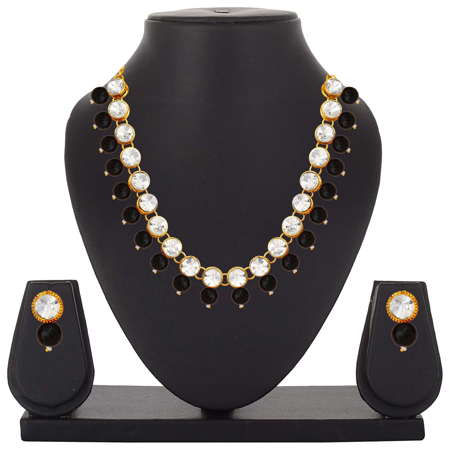 Black Beads and White Crystals Traditional Necklace Set