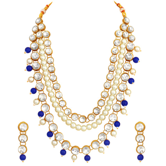 Traditional Ethnic Blue and White Crystals and Beads Layered Necklace set