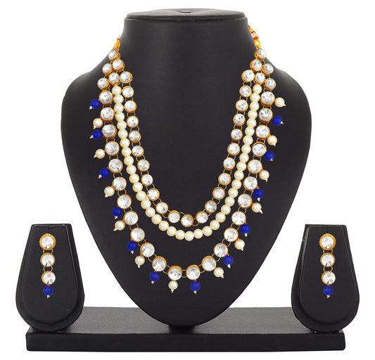 Traditional Ethnic Blue and White Crystals and Beads Layered Necklace set