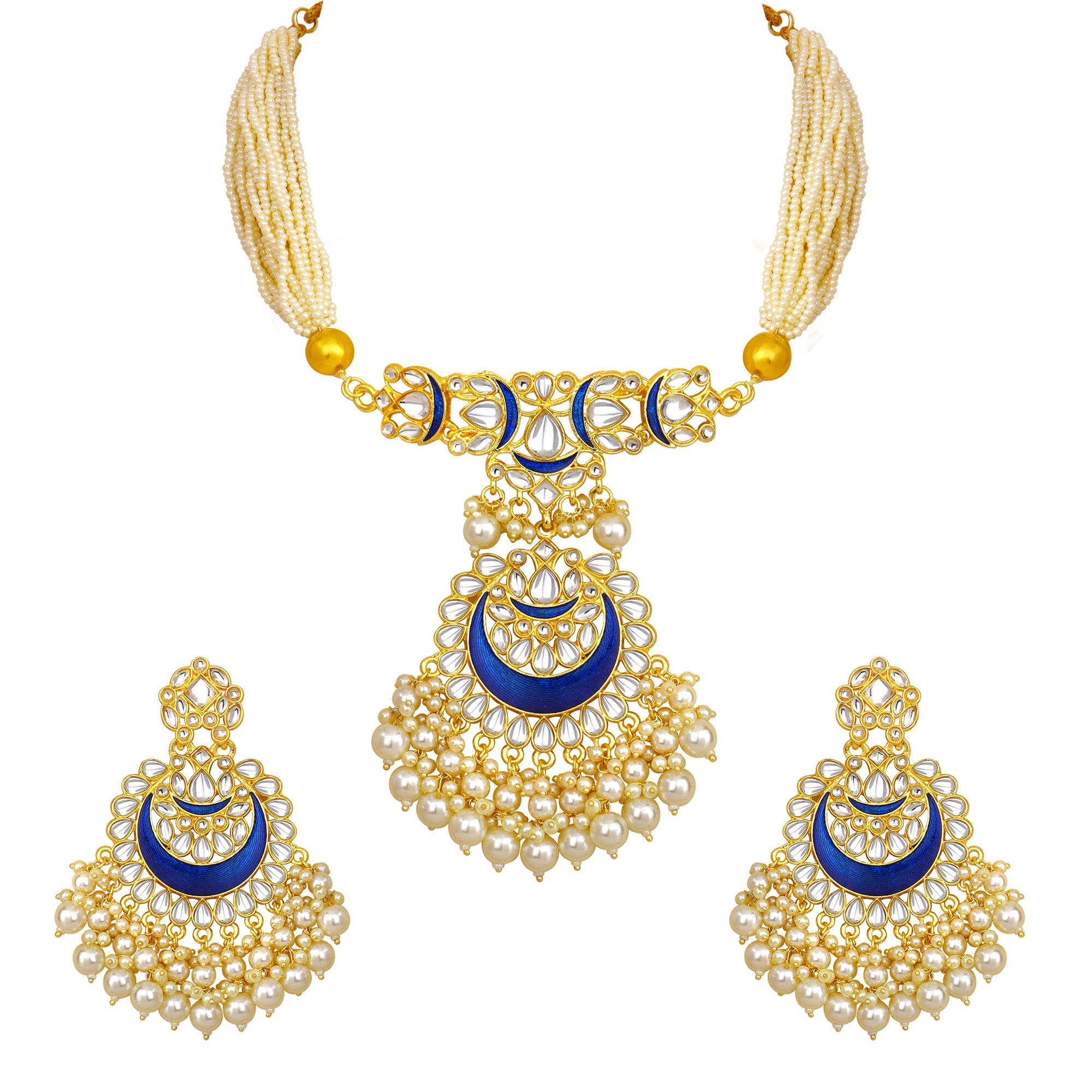 Blue Meenakari Work Enamel Layered Floral Traditional Neckace set Kundan and Artificial Beads