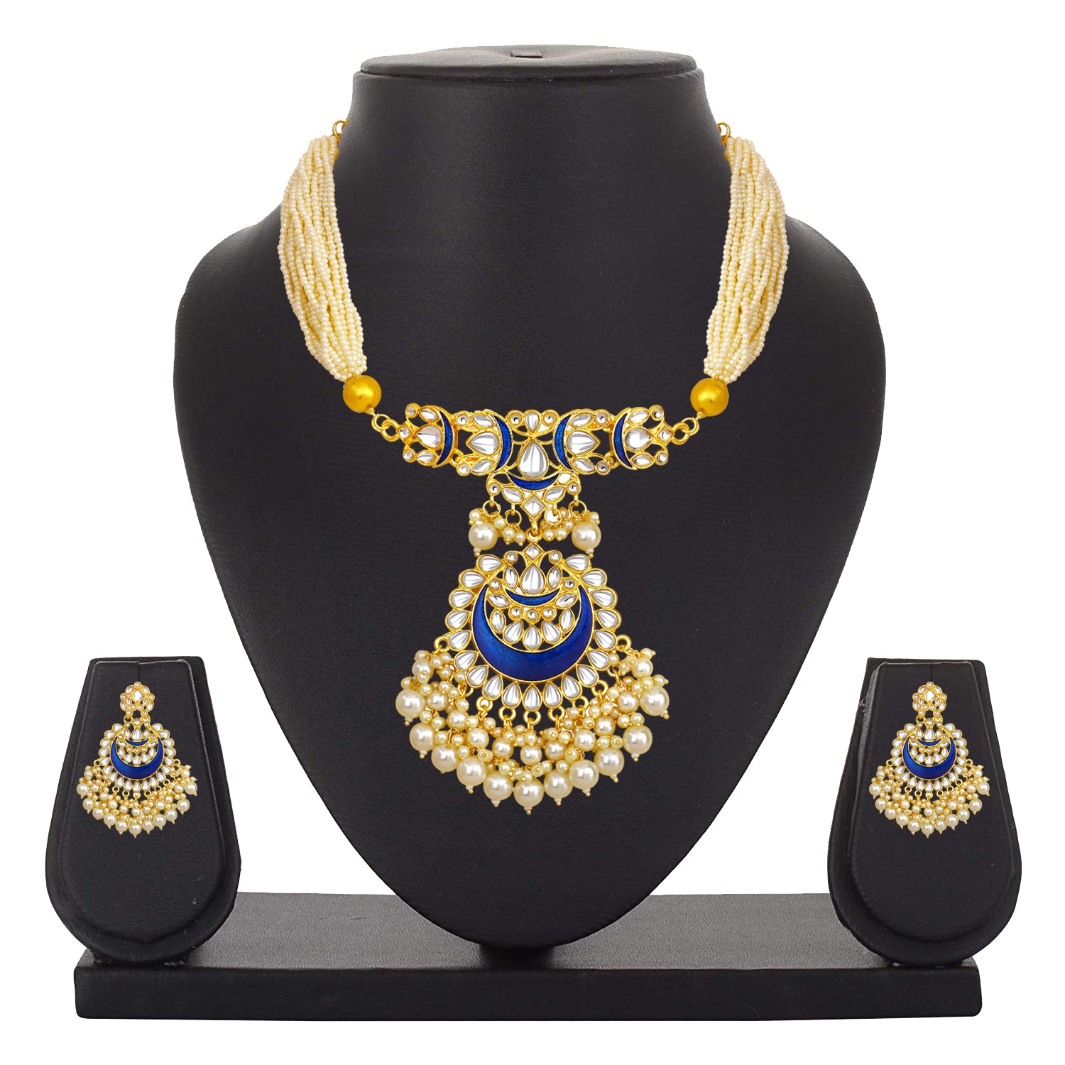 Blue Meenakari Work Enamel Layered Floral Traditional Neckace set Kundan and Artificial Beads