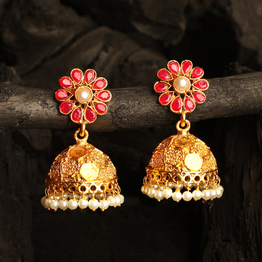 Gold Plated Floral Kundan Jhumki Earrings