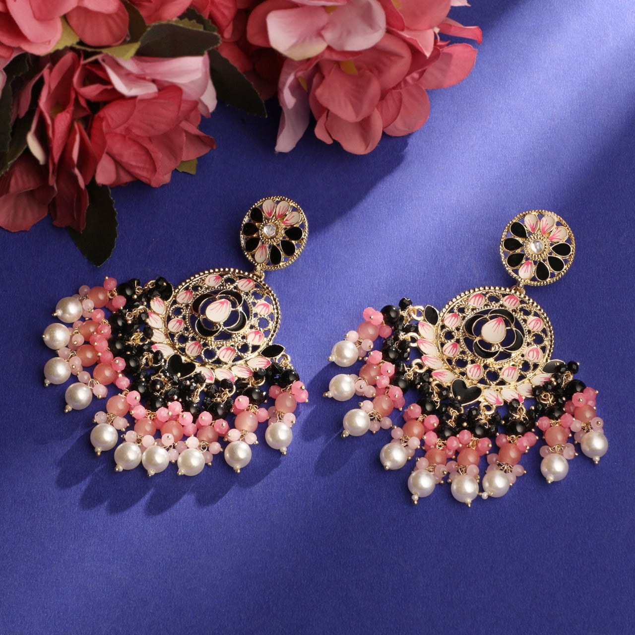 Gold Plated Meenakari Work Floral Earrings