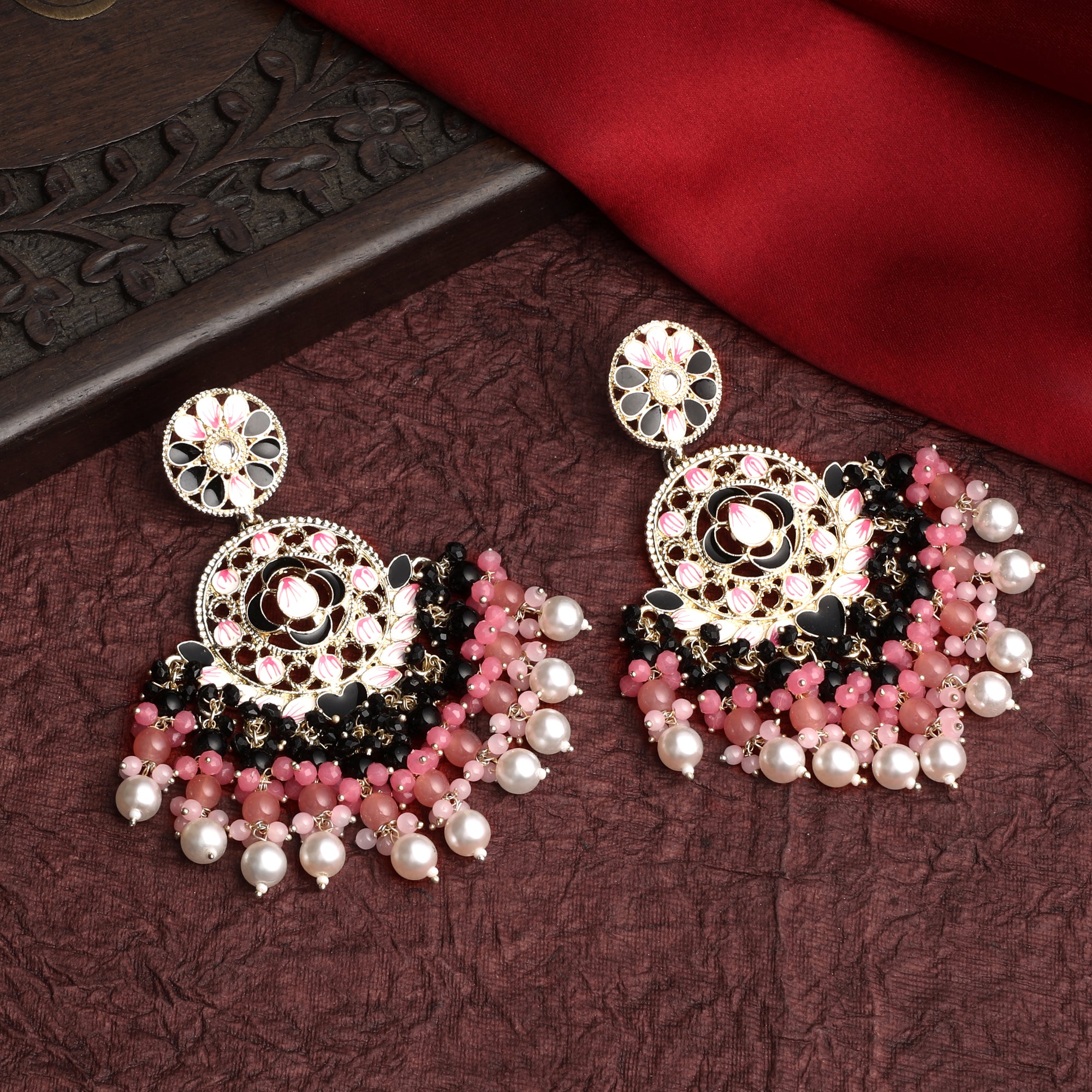 Gold Plated Meenakari Work Floral Earrings