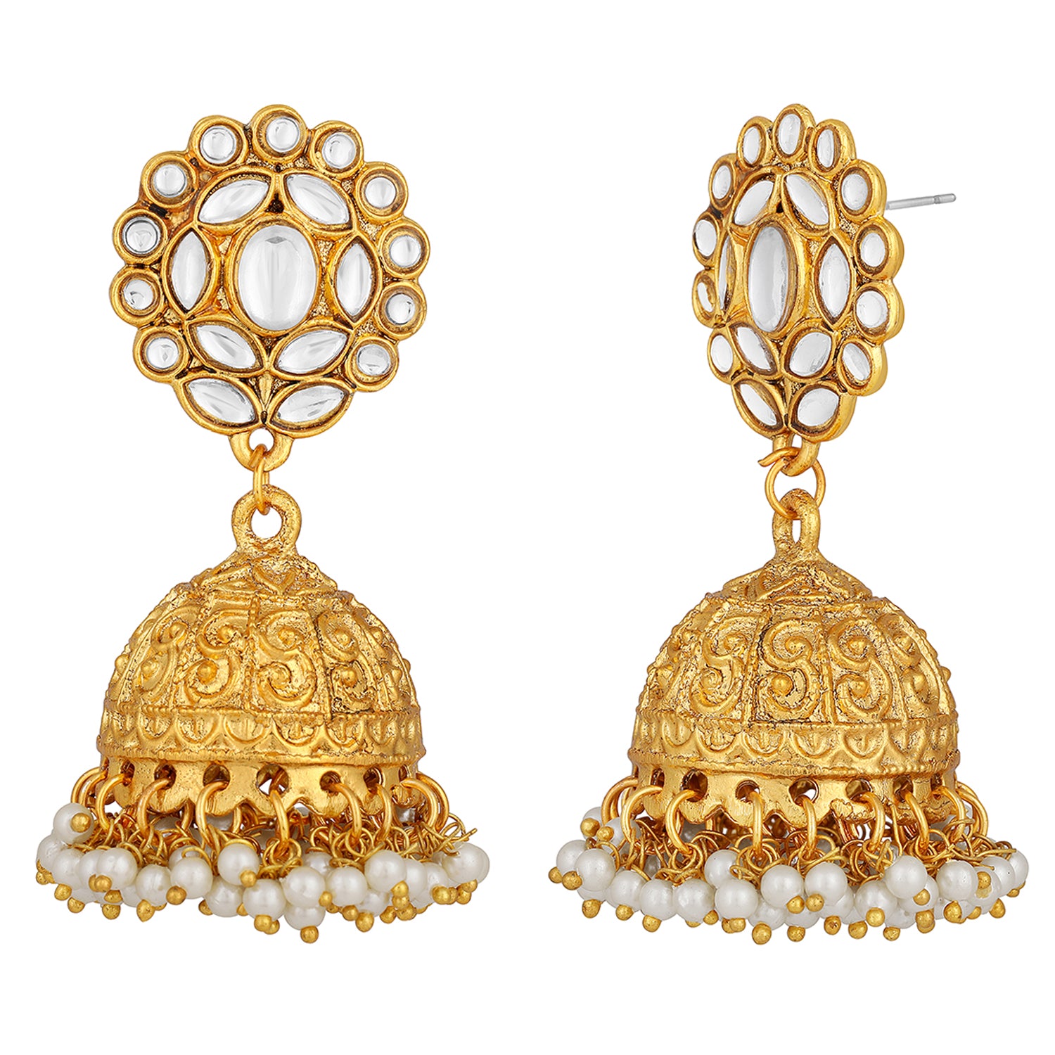 Ethnic Gold Plated Jhumki Earrings with White Kundan