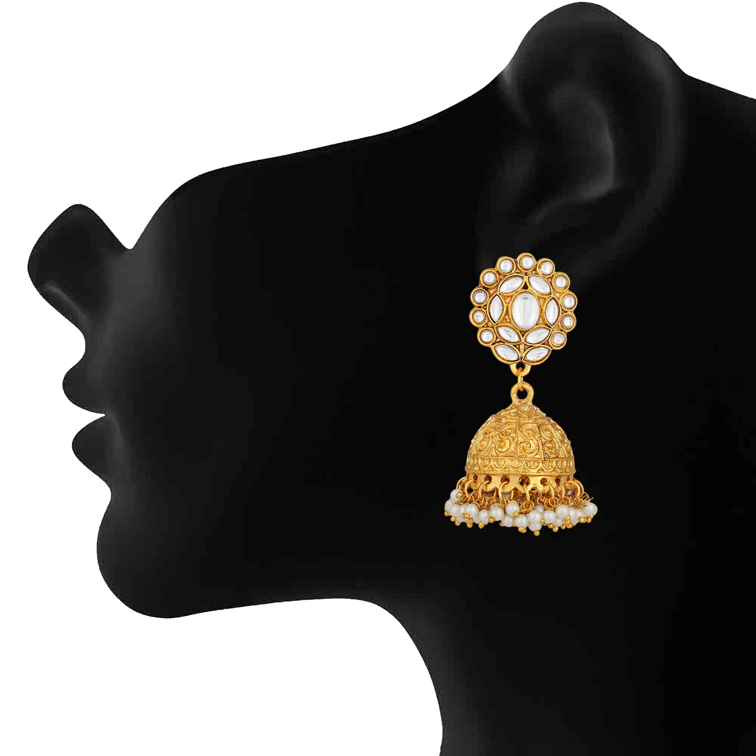 Ethnic Gold Plated Jhumki Earrings with White Kundan