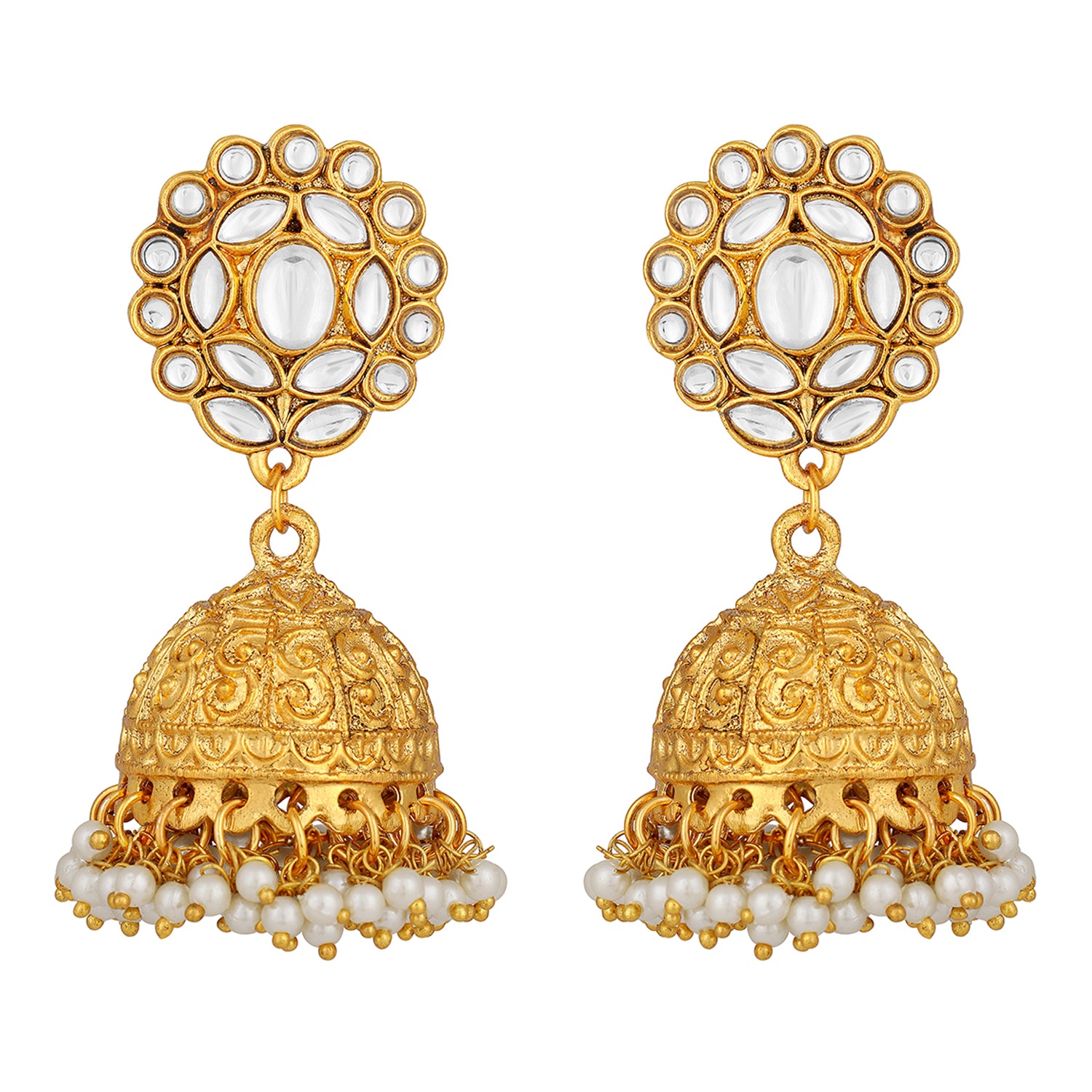 Ethnic Gold Plated Jhumki Earrings with White Kundan