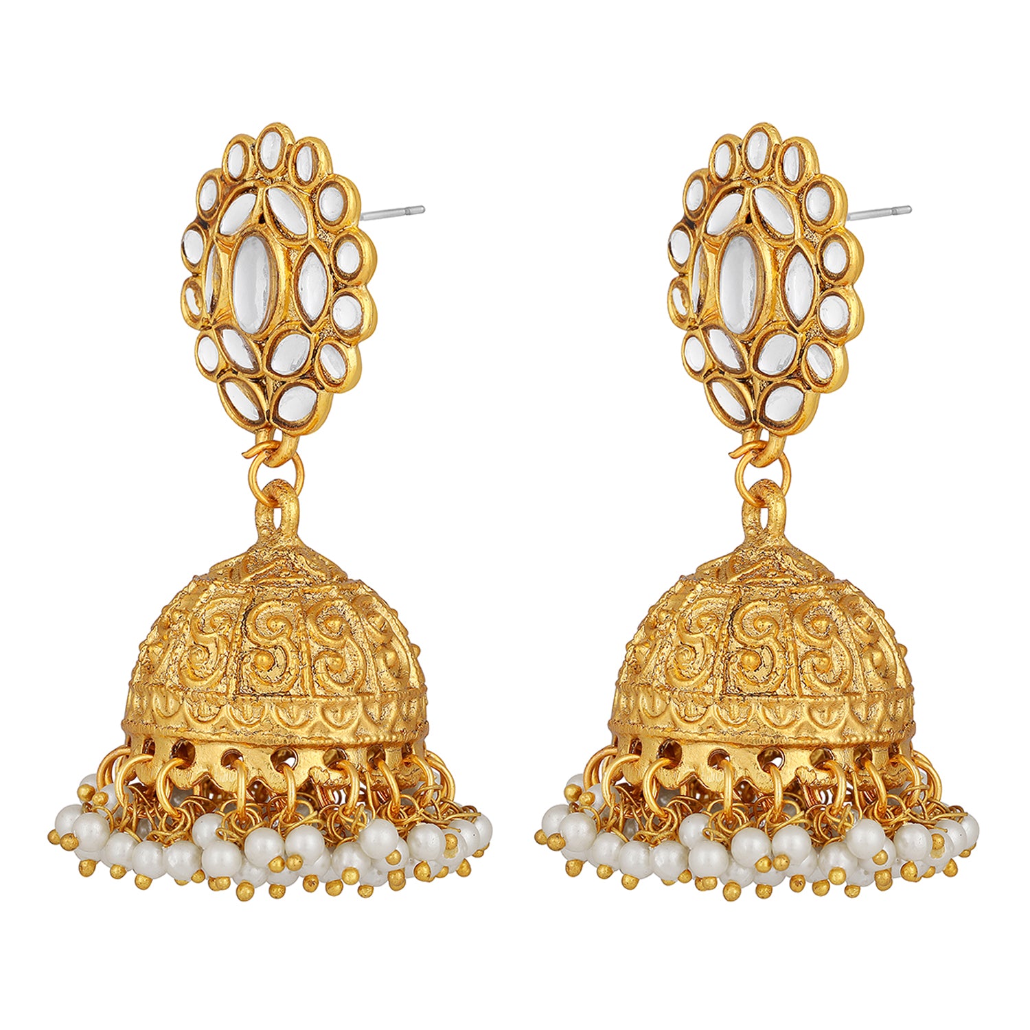 Ethnic Gold Plated Jhumki Earrings with White Kundan
