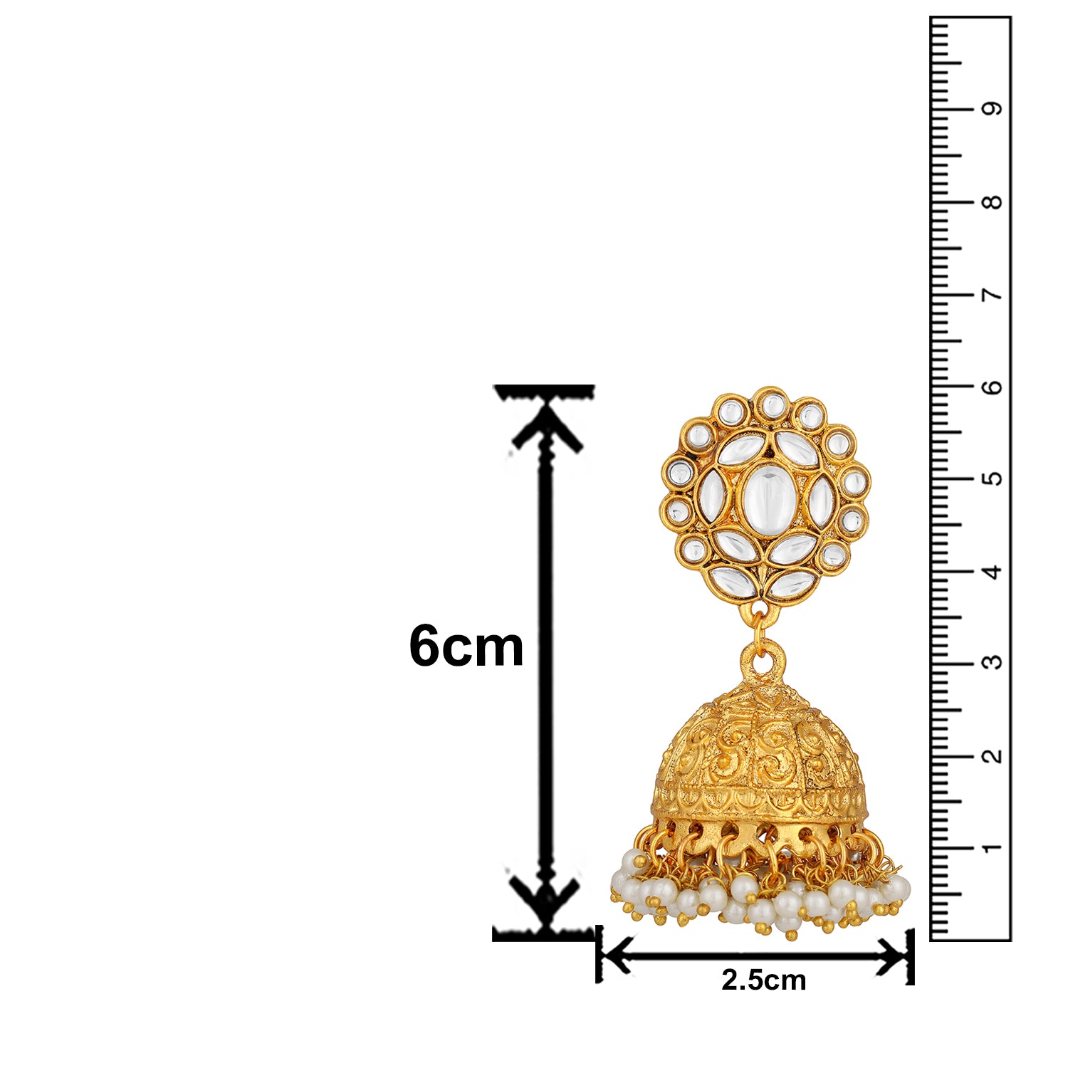 Ethnic Gold Plated Jhumki Earrings with White Kundan