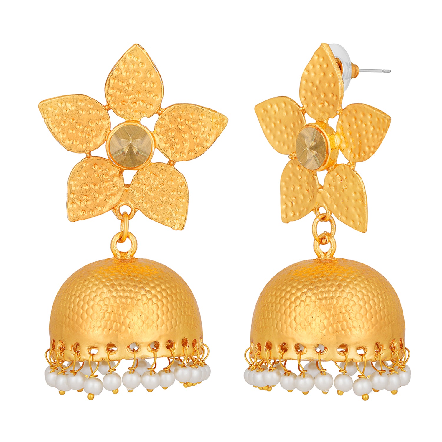 Floral Shape Gold Plated Jhumki Earrings with Kundan