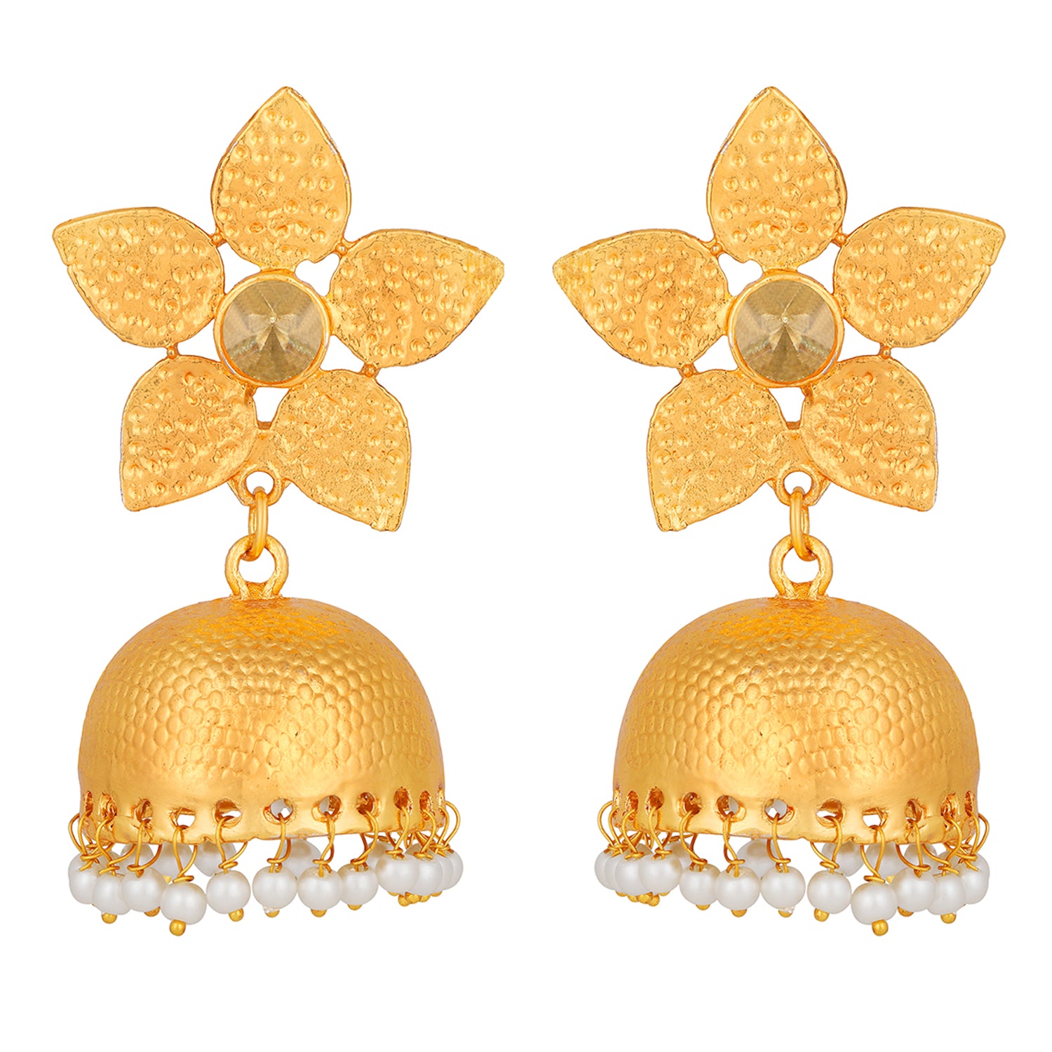 Floral Shape Gold Plated Jhumki Earrings with Kundan