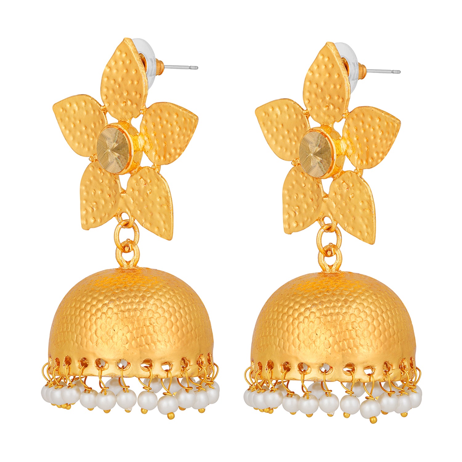 Floral Shape Gold Plated Jhumki Earrings with Kundan