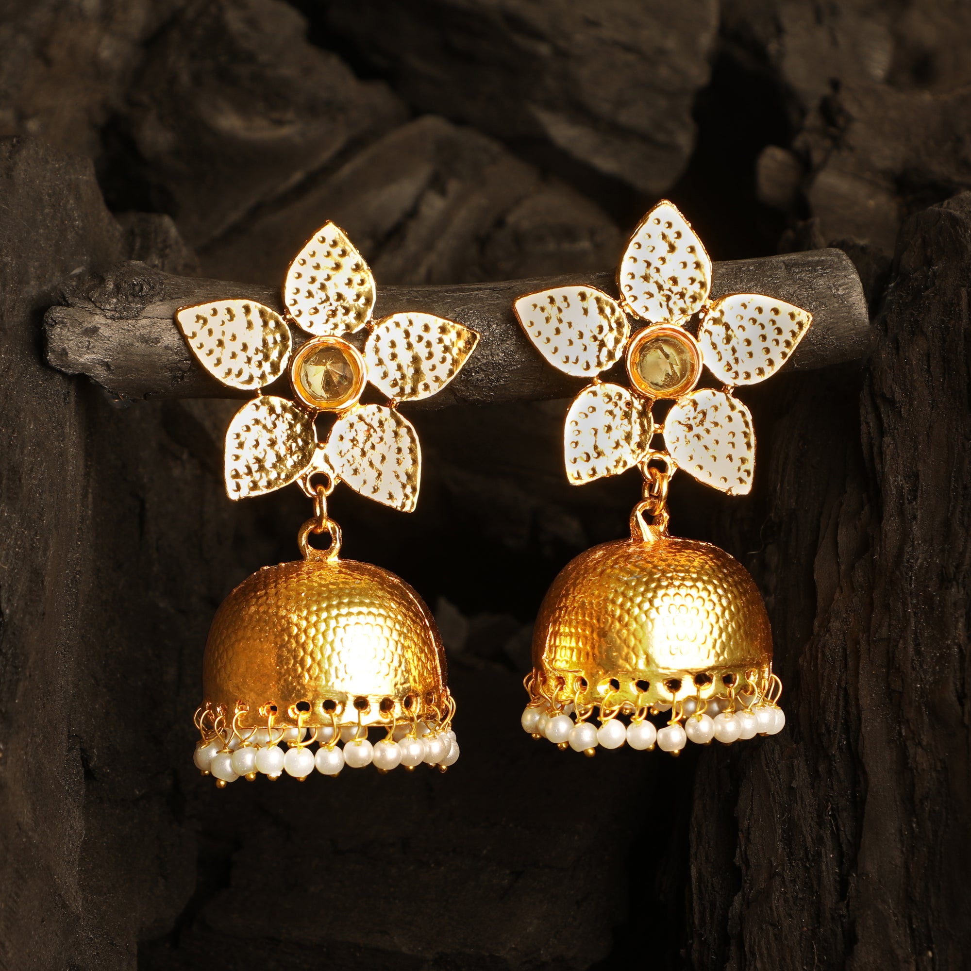 Floral Shape Gold Plated Jhumki Earrings with Kundan