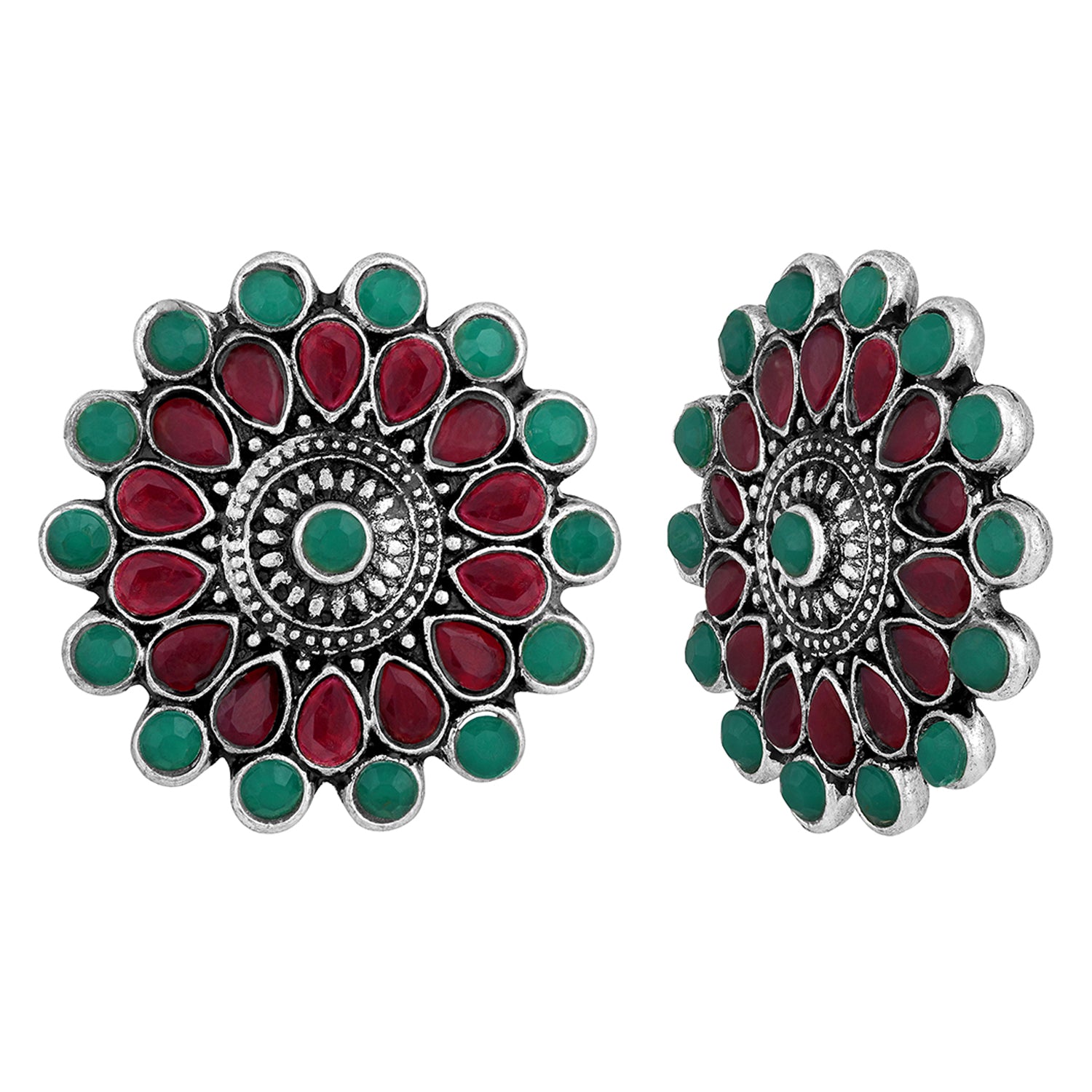 Gold Plated Ruby & Green Floral Traditional Stud Earrings